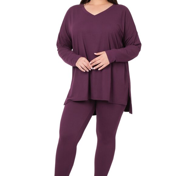 V-Neck Long-Sleeve Loungewear Leggings Set S-3X - Picture 4 of 7